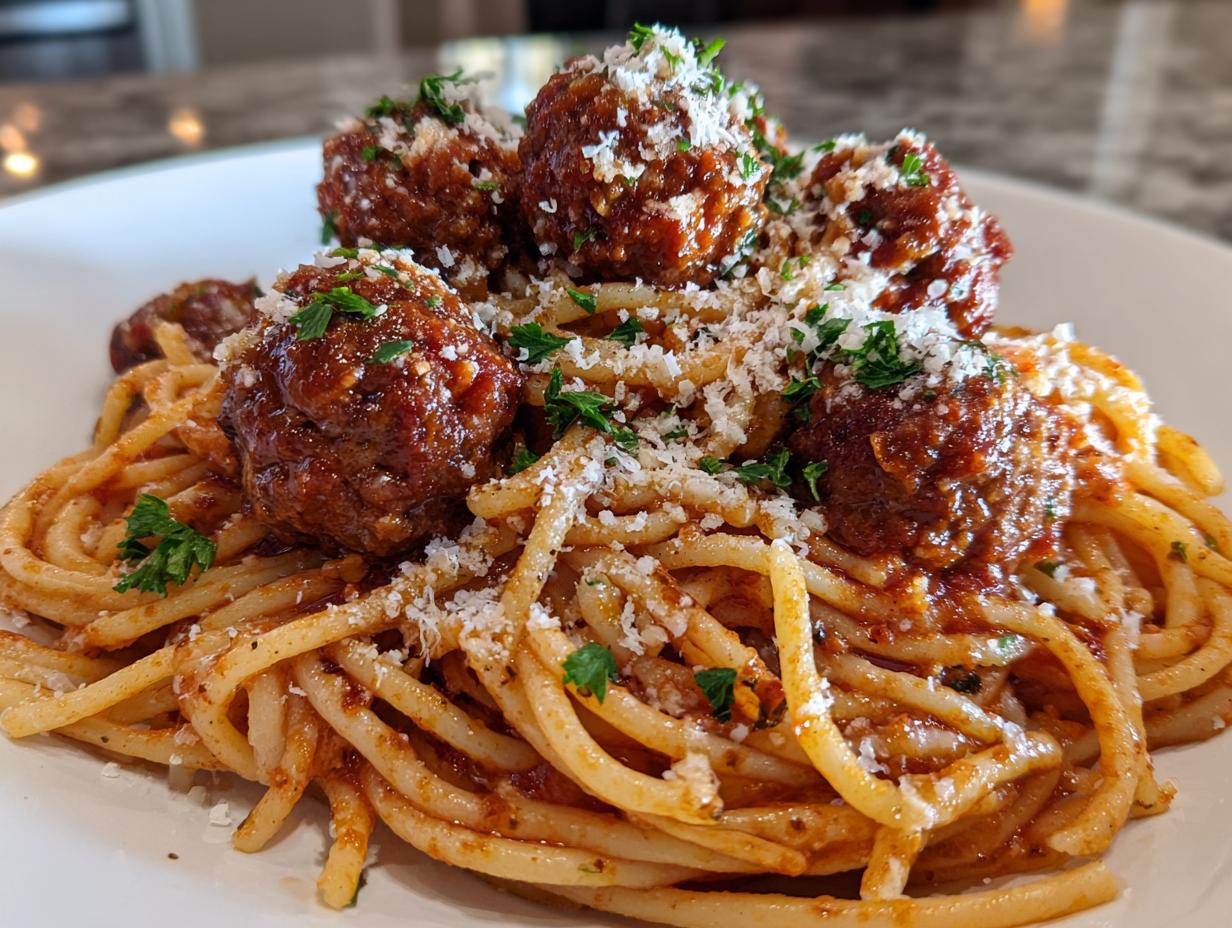 A close-up of Nonna's Incredible Spaghetti and Meatballs, featuring tender meatballs in rich sauce over pasta, topped with Parmesan and parsley.