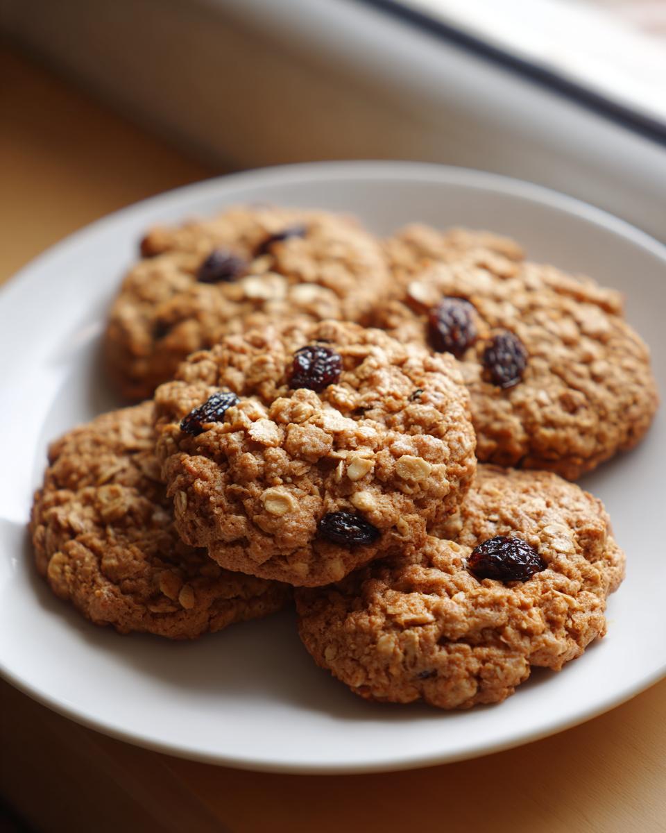 Close-up of a stack of golden-brown oatmeal cookies with visible raisins on a white plate.