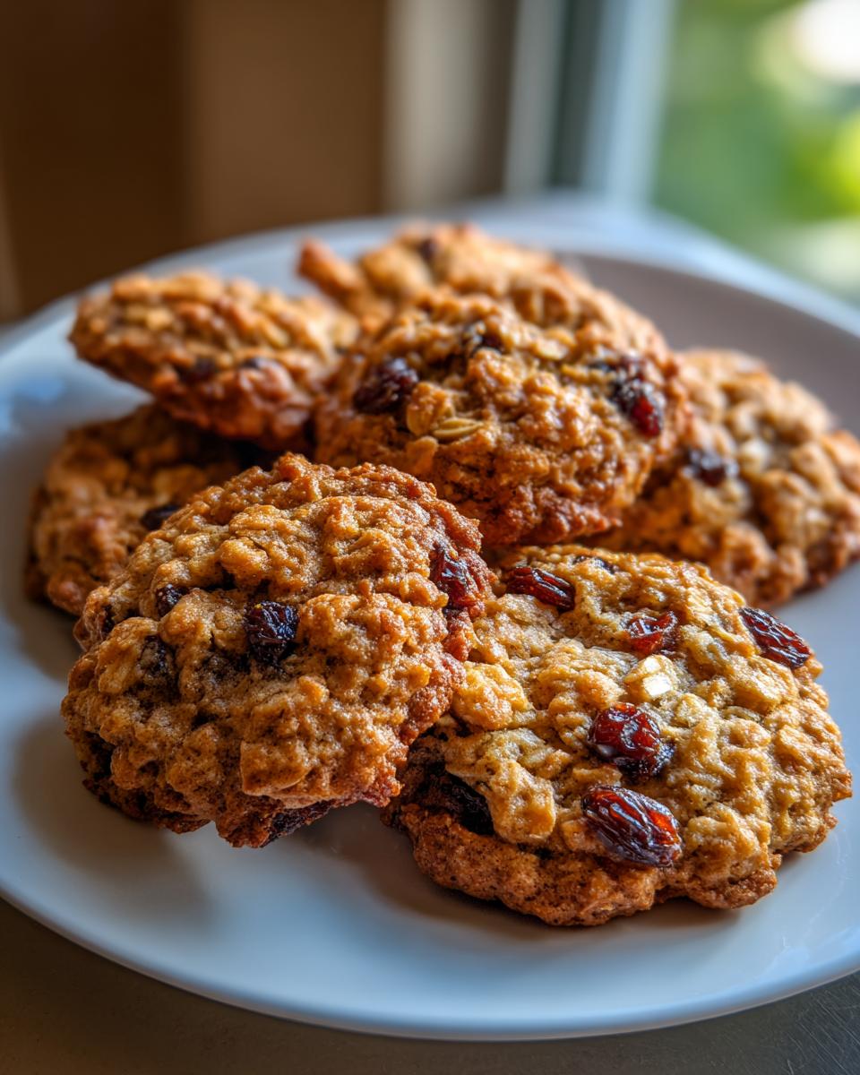 A close-up of several golden brown oatmeal cookies studded with plump raisins on a white plate.