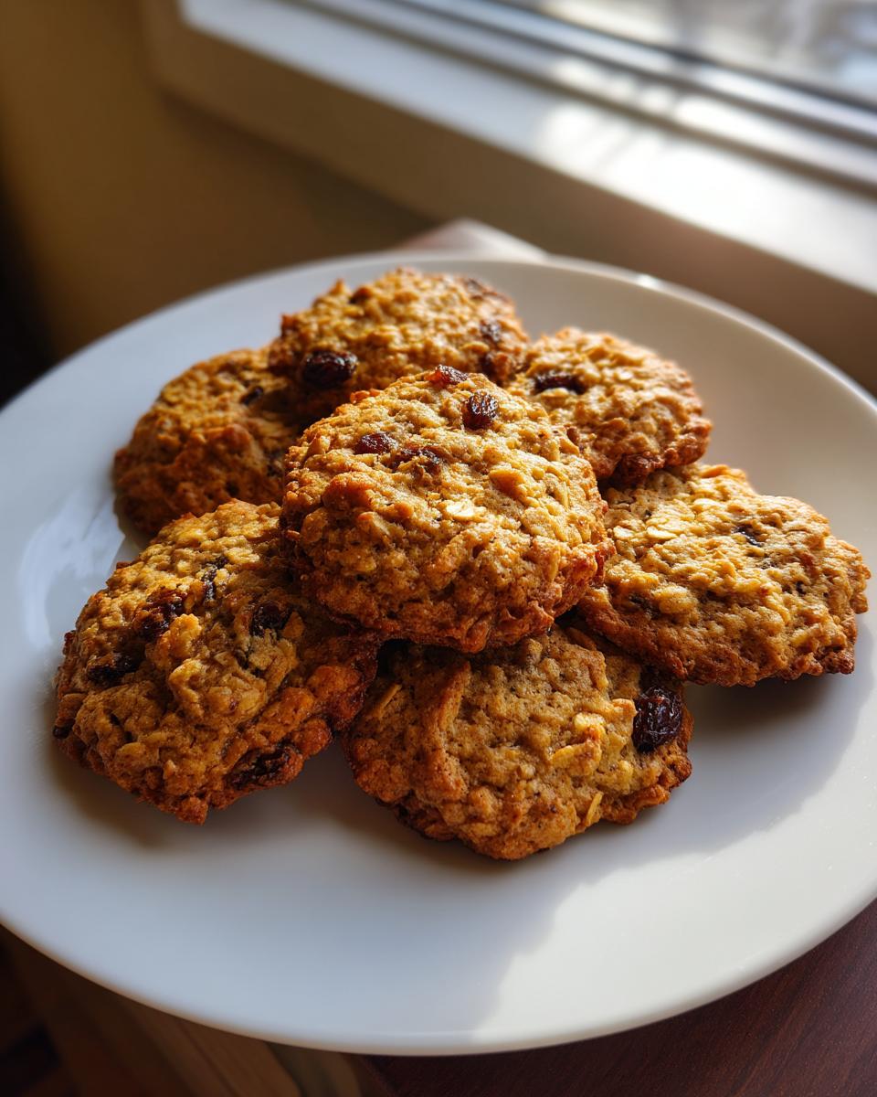 A pile of freshly baked oatmeal cookies with raisins on a white plate, ready to be enjoyed.