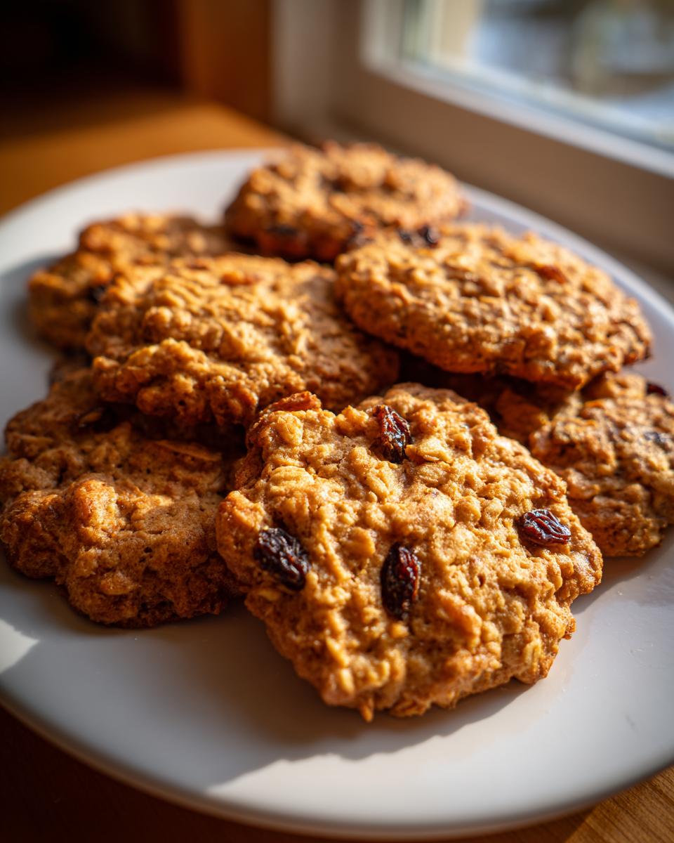 A close-up of a plate full of golden brown oatmeal cookies with visible raisins and oats.