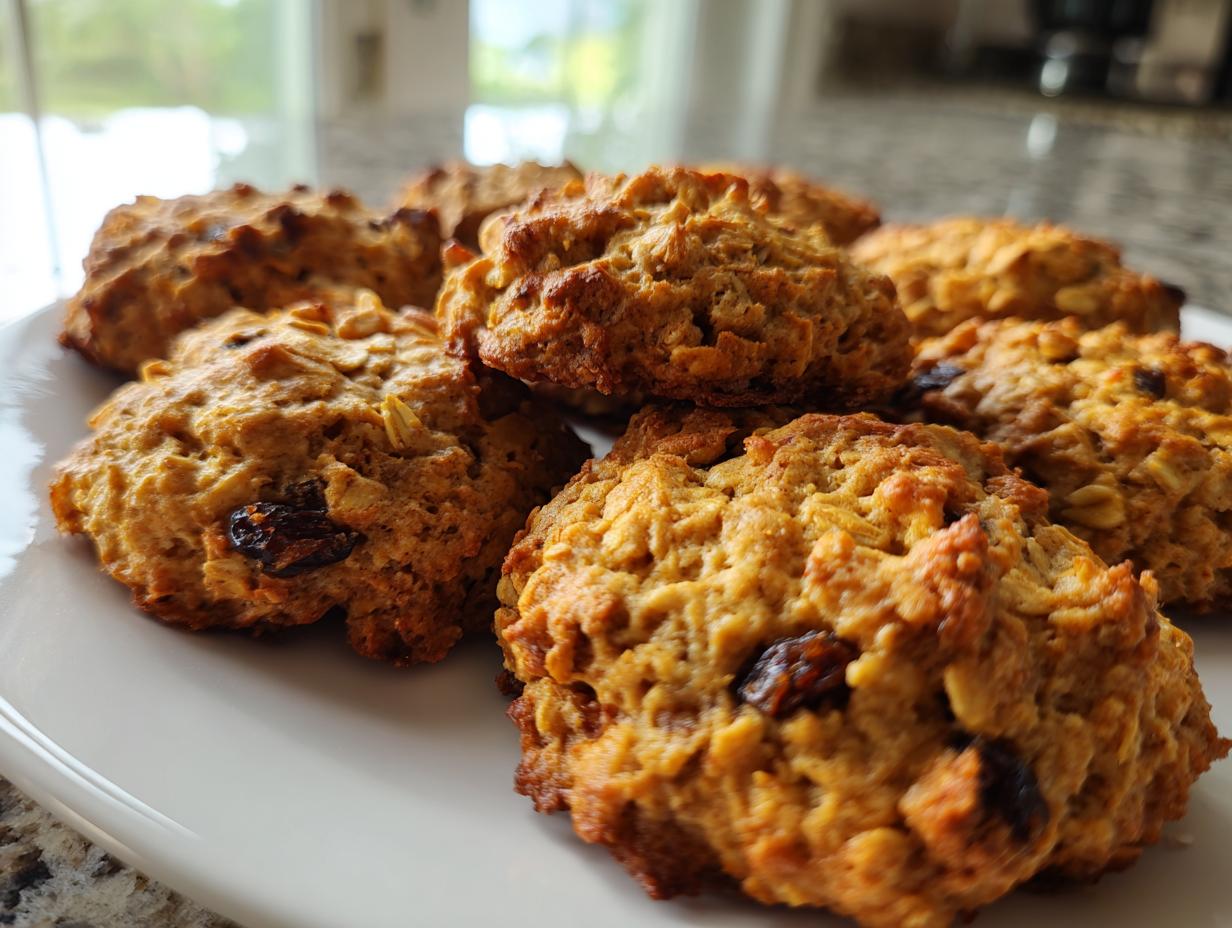 A close-up shot of freshly baked oatmeal cookies with visible raisins and oats on a white plate.