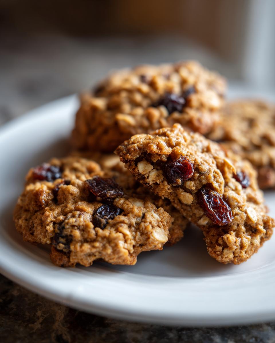 Close-up of delicious Oatmeal Raisin Cookies on a white plate, one cookie broken in half.