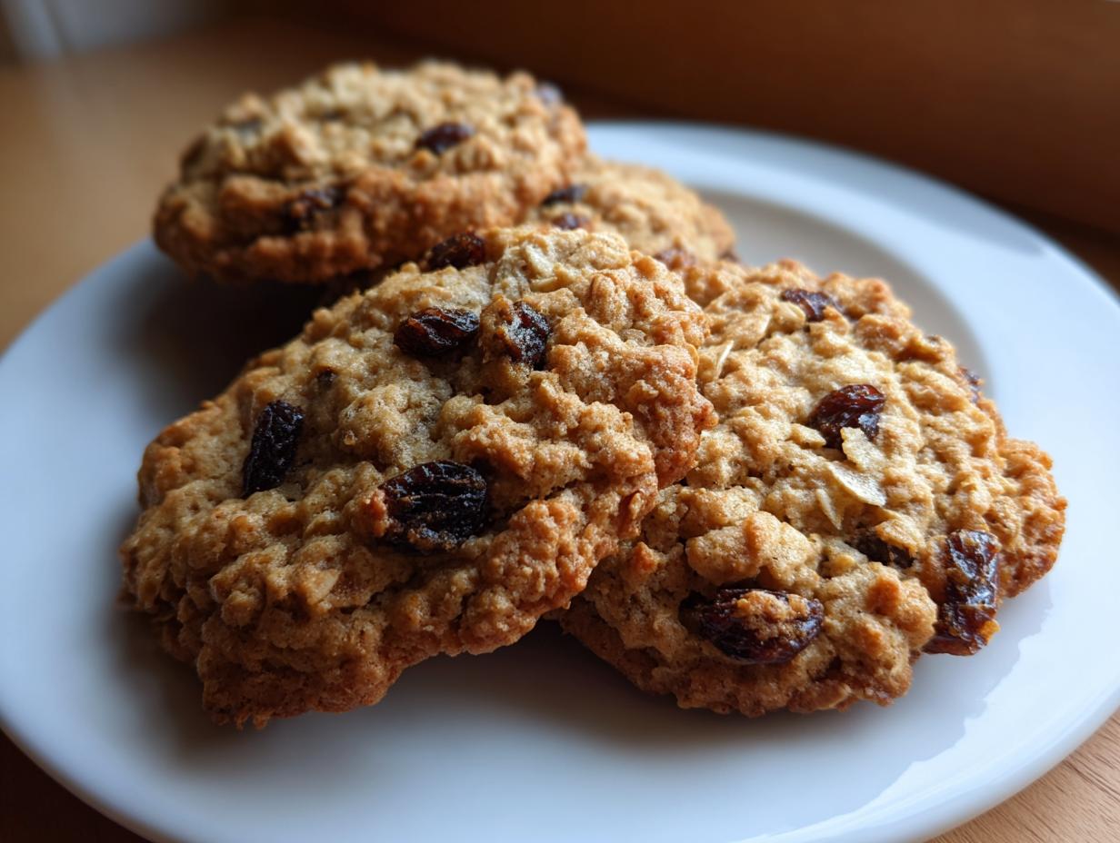 Close-up of freshly baked Oatmeal Raisin Cookies on a white plate, showcasing chewy texture and plump raisins.