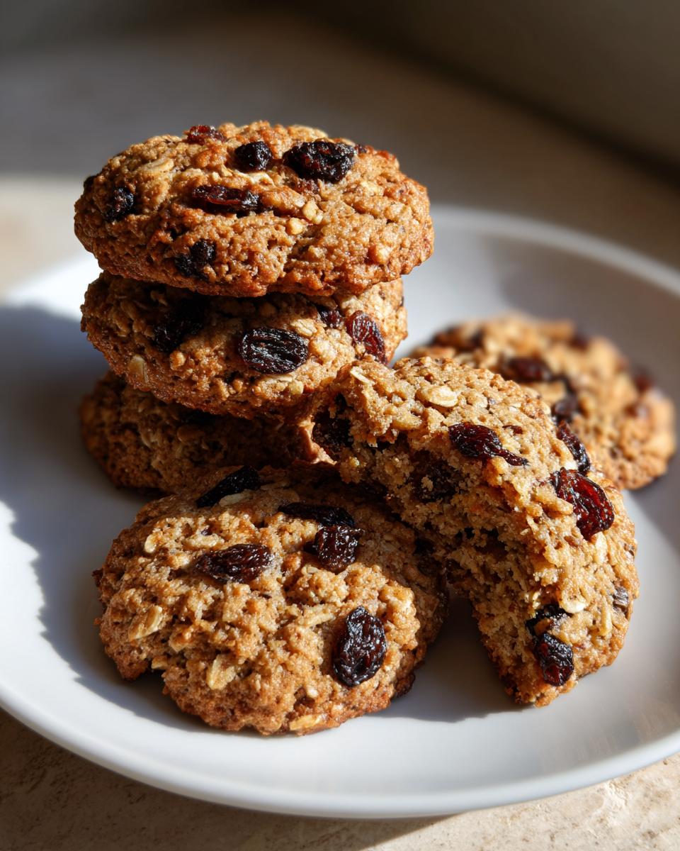 A stack of freshly baked Oatmeal Raisin Cookies on a white plate, with one cookie broken in half.