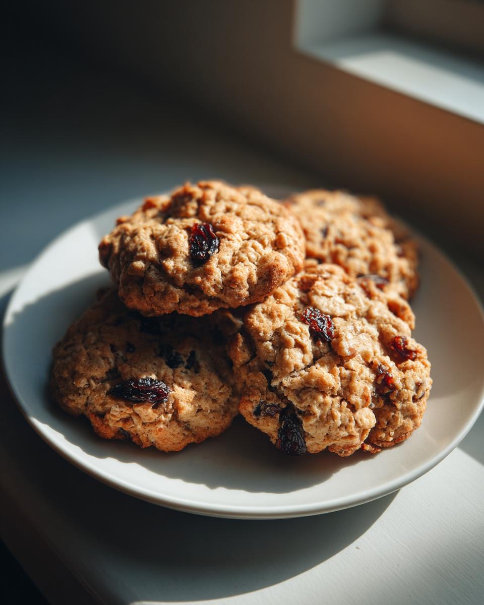 A stack of golden-brown Oatmeal Raisin Cookies with visible raisins on a white plate, bathed in sunlight.