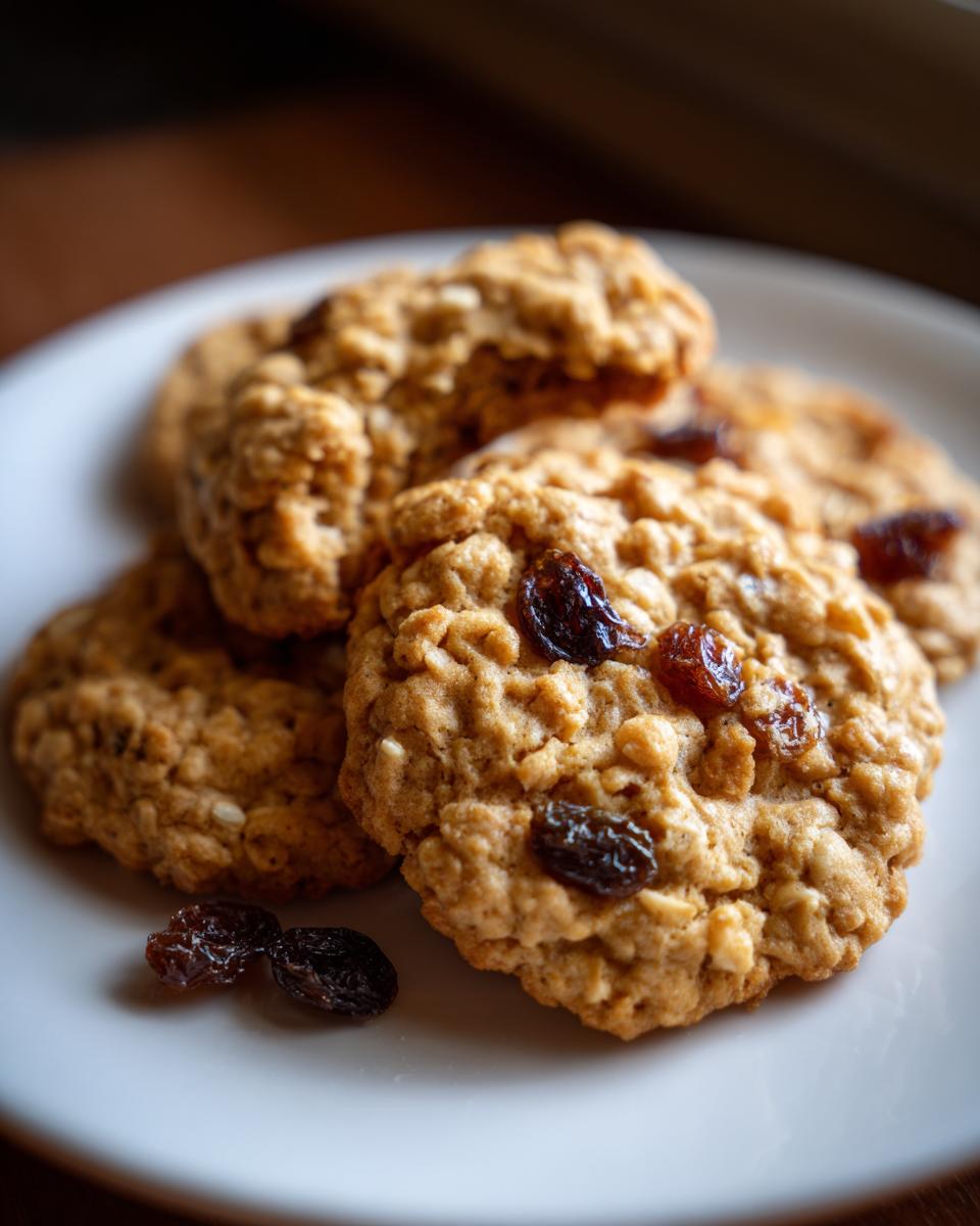 A close-up of several delicious Oatmeal Raisin Cookies piled on a white plate, with visible raisins.