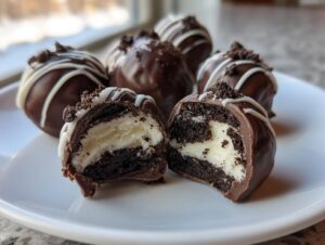 Close-up of a cut Oreo ball showing the dark chocolate cookie exterior and creamy white filling, with other Oreo balls in the background.