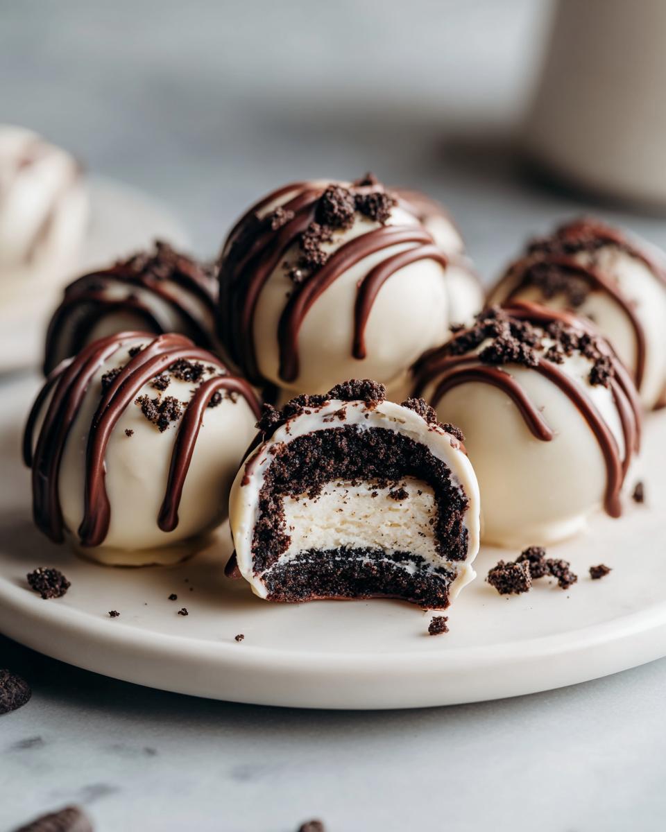 A close-up of white chocolate-covered Oreo balls, one cut in half to reveal the creamy center and cookie crumb exterior, drizzled with dark chocolate.