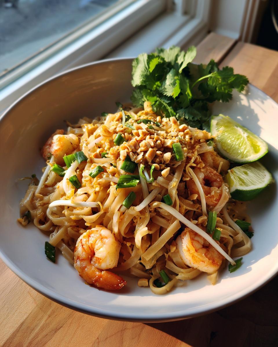 A close-up of a bowl of Pad Thai noodles with shrimp, bean sprouts, chopped peanuts, green onions, and lime wedges.