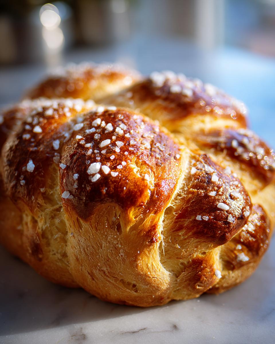 Close-up of a golden brown Pan de Muerto bread, topped with sparkling sugar crystals.