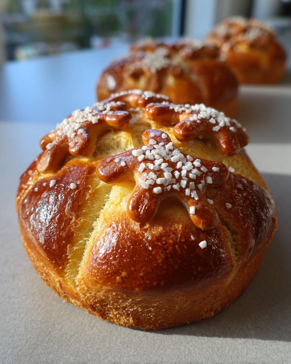 Close-up of a golden brown Pan de Muerto bun, decorated with bone-shaped dough and sprinkled with sugar.