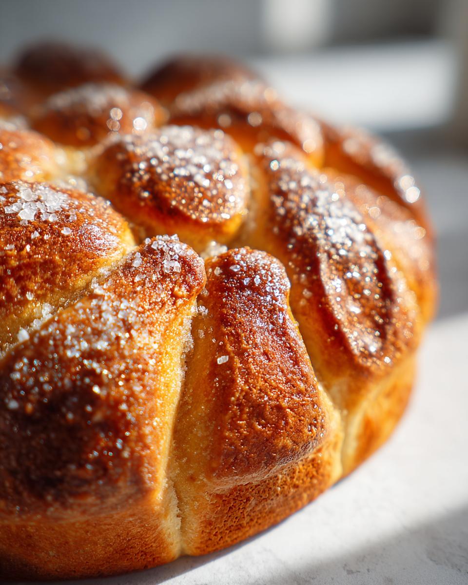 Close-up of a golden-brown Pan de Muerto bread, sprinkled with coarse sugar crystals.