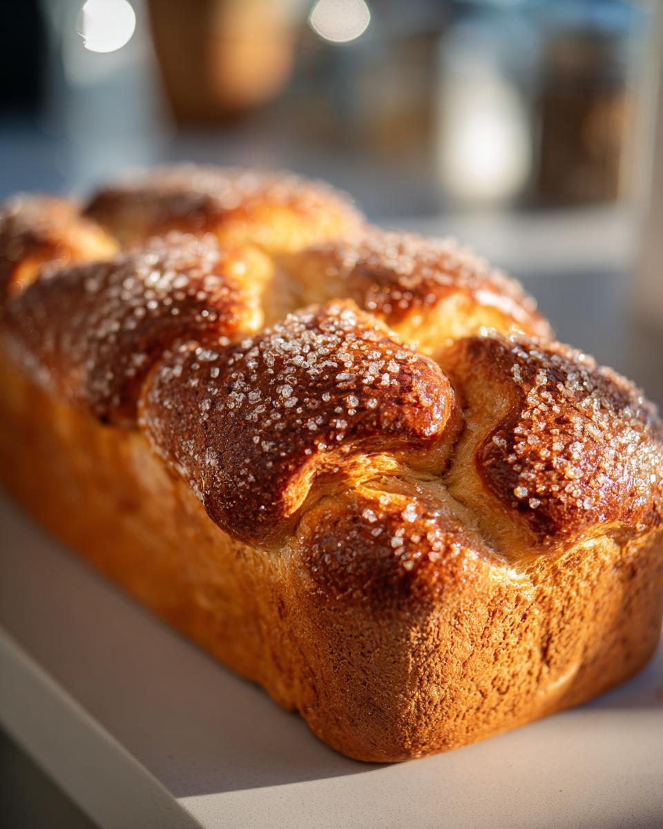 Close-up of a golden-brown Pan de Muerto bread, topped with sparkling sugar crystals.