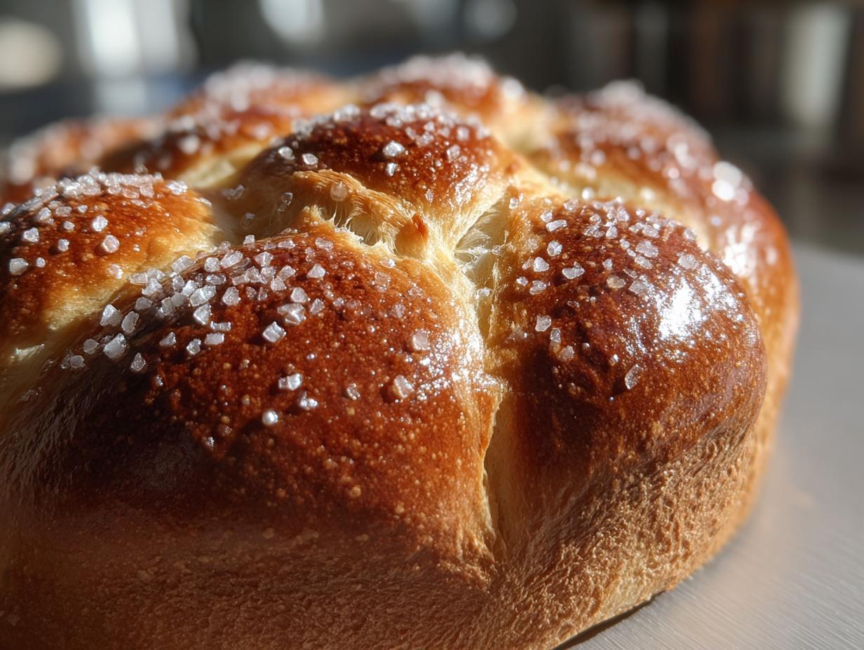 Close-up of a golden-brown Pan de Muerto bread, topped with sparkling sugar crystals.