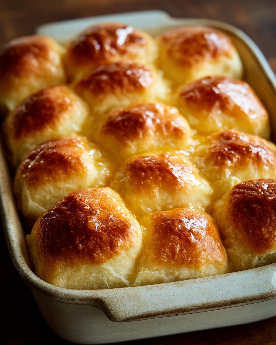 A close-up of golden-brown Parker House rolls baked in a rectangular dish, glistening with butter.