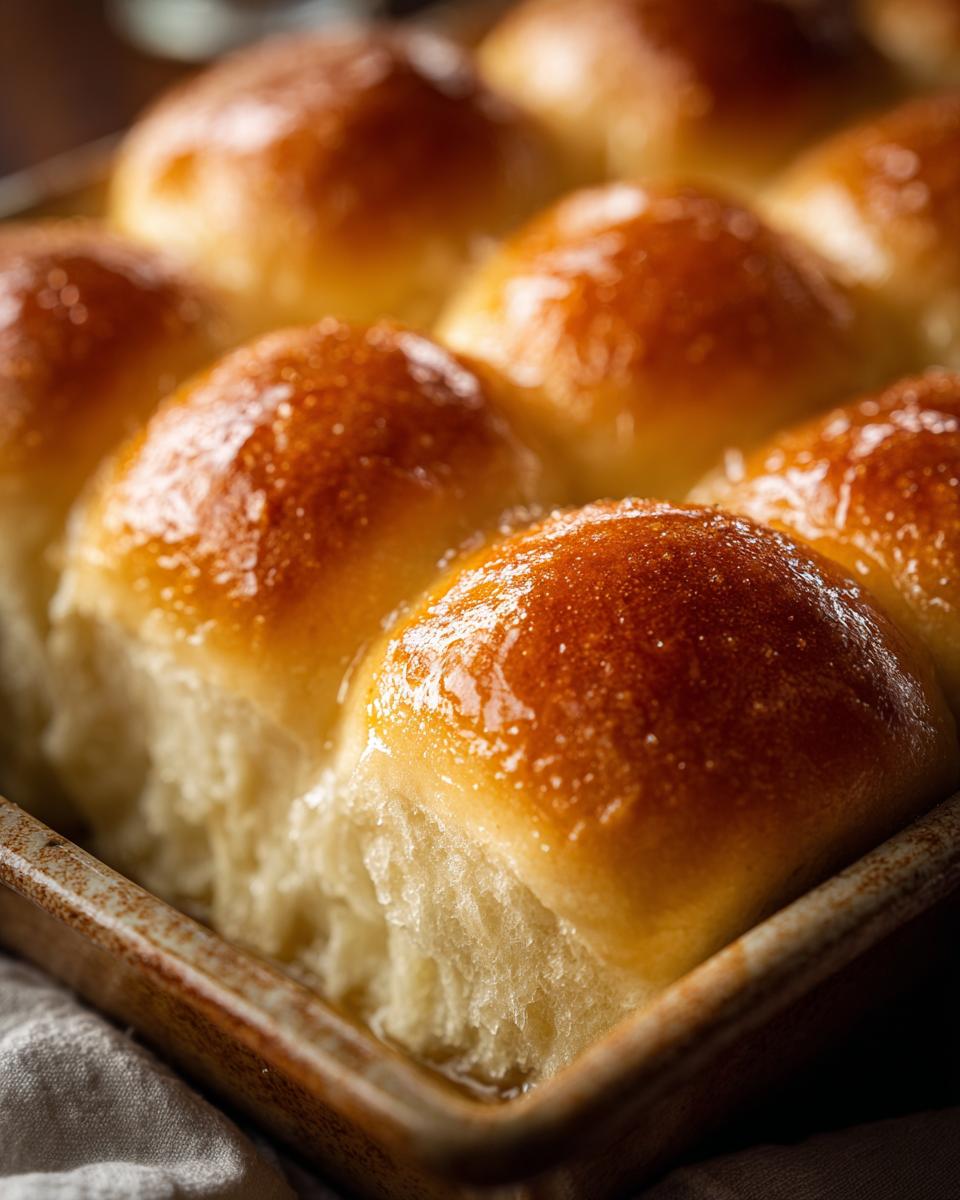 Close-up of freshly baked Parker House rolls, golden brown and glistening with butter in a baking pan.
