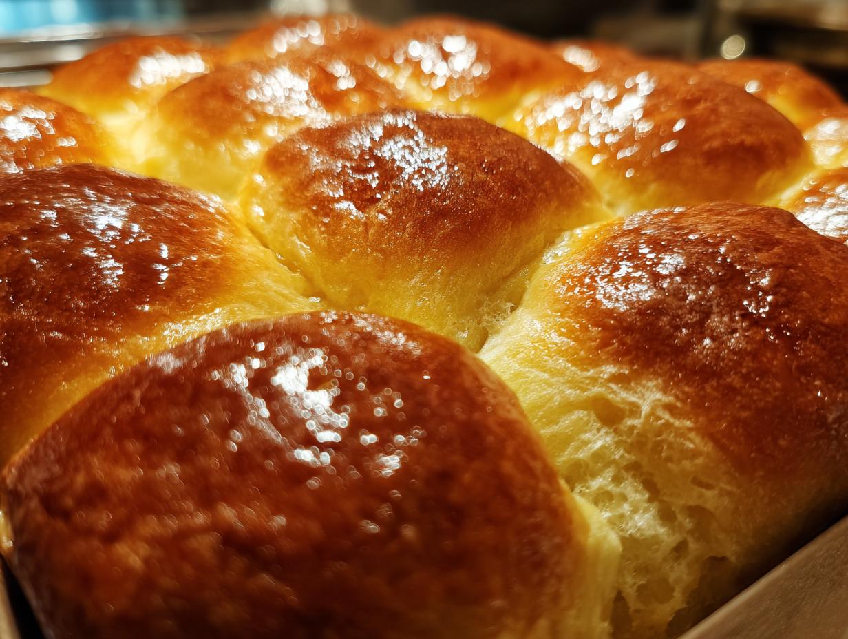 Close-up of freshly baked, golden brown Parker House rolls with a glossy, buttery sheen.