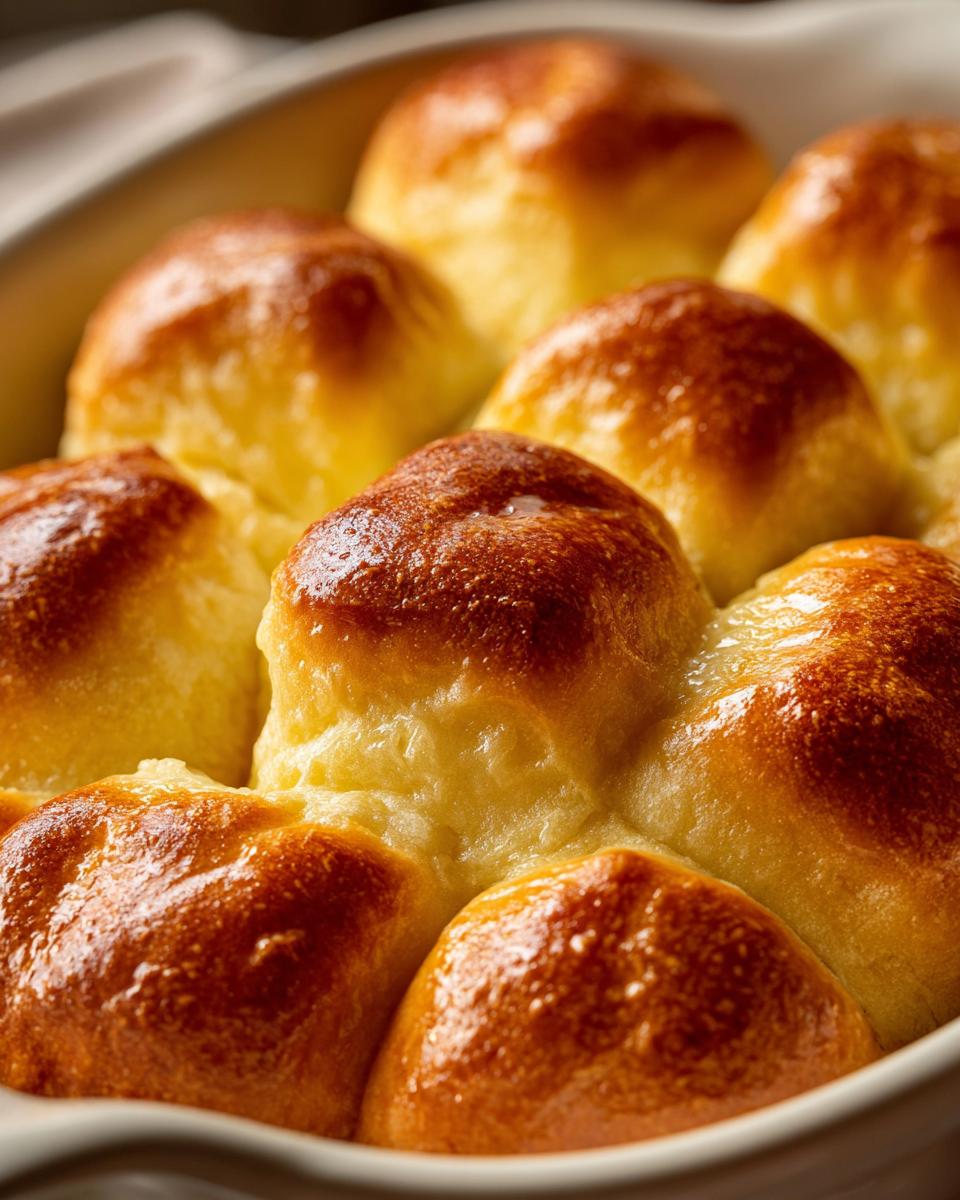 Close-up of freshly baked Parker House rolls, golden brown and glistening in a baking dish.