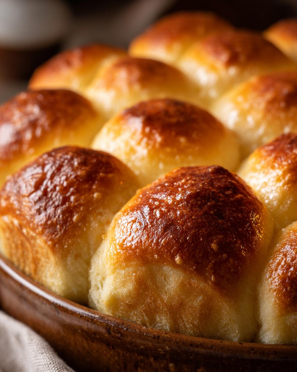 A close-up, warm shot of freshly baked Parker House rolls nestled together in a rustic brown dish.