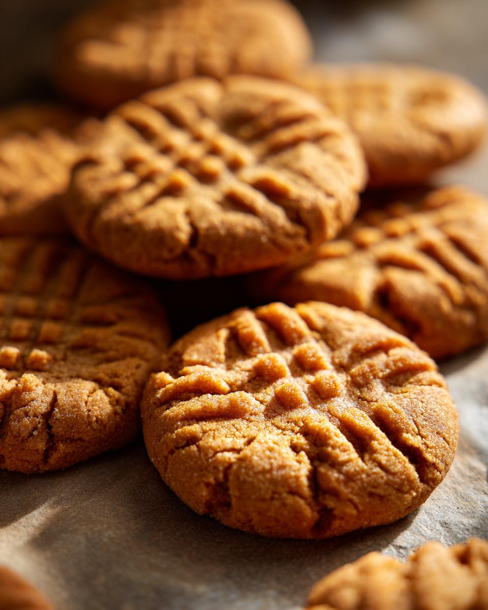 Close-up of several perfectly baked peanut butter cookies with classic fork marks.