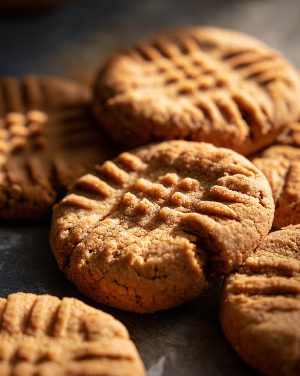 Close-up of several perfect peanut butter cookies with classic fork marks.
