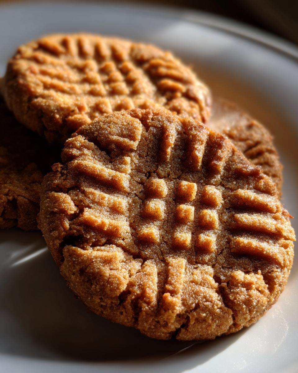 Close-up of delicious peanut butter cookies with classic fork marks on a white plate.
