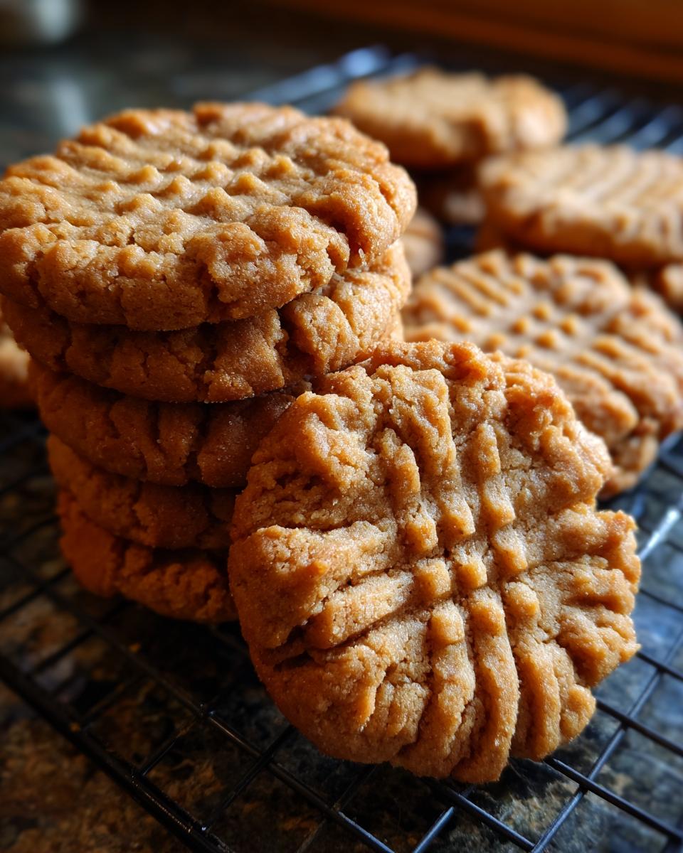 A stack of freshly baked peanut butter cookies with classic fork marks on a cooling rack.