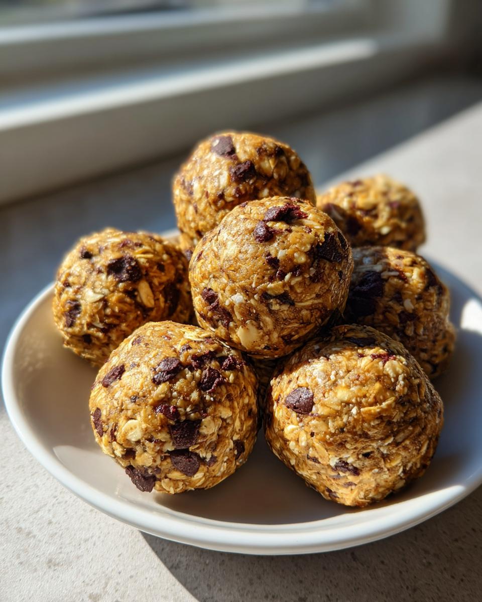 A pile of delicious Peanut Butter Oatmeal Energy Bites studded with chocolate chips on a white plate.