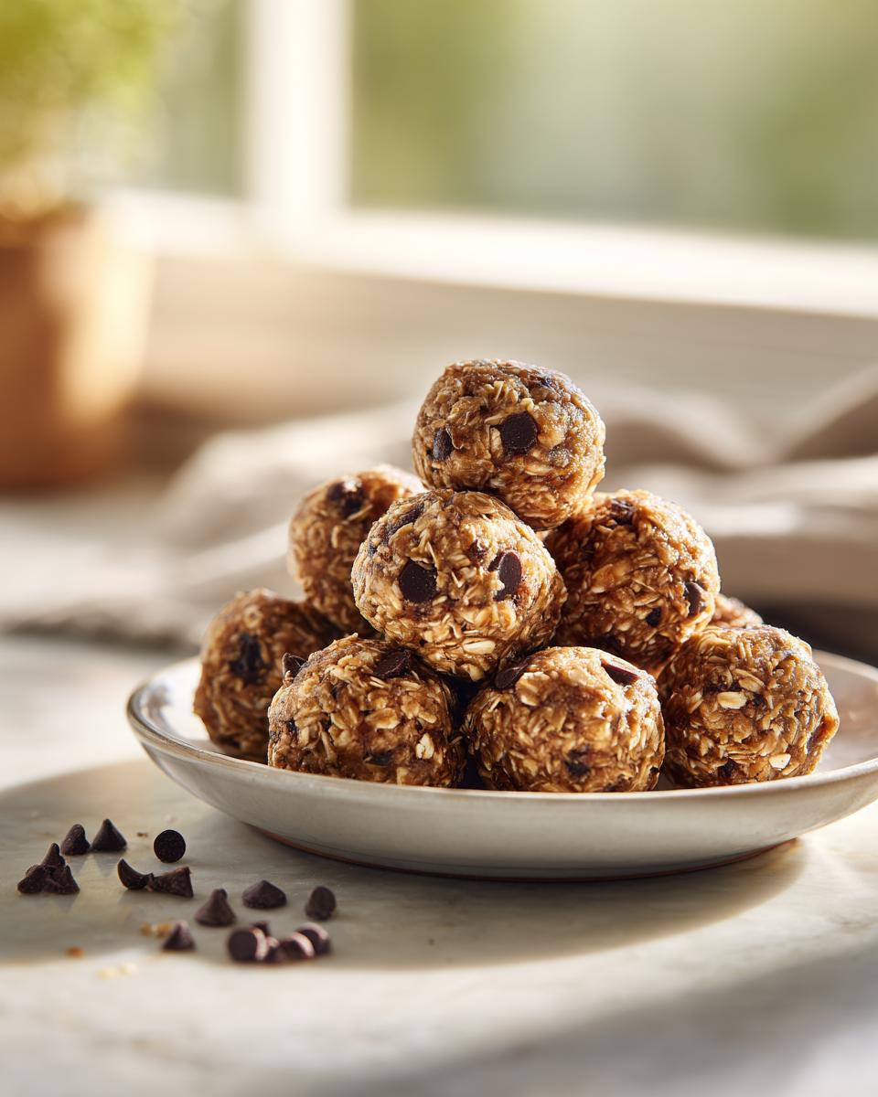 A stack of delicious Peanut Butter Oatmeal Energy Bites studded with chocolate chips on a small plate.