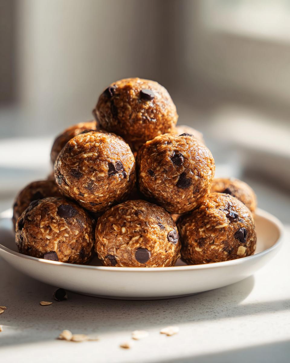 A stack of delicious Peanut Butter Oatmeal Energy Bites with chocolate chips on a white plate.