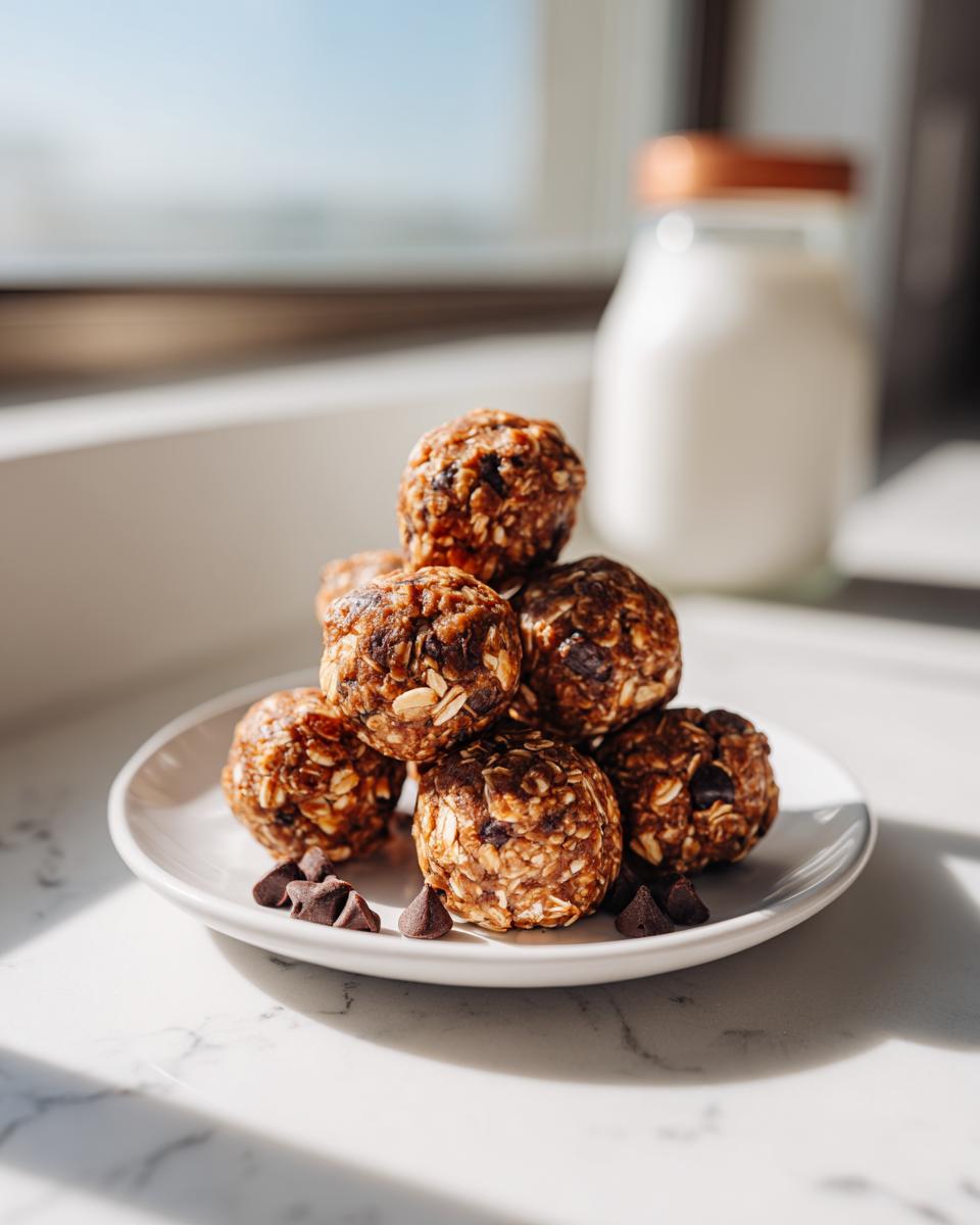 A stack of delicious Peanut Butter Oatmeal Energy Bites on a white plate, with chocolate chips scattered around.