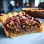 A close-up view of a slice of homemade pecan pie, showcasing its flaky crust and rich, gooey filling topped with whole pecans.