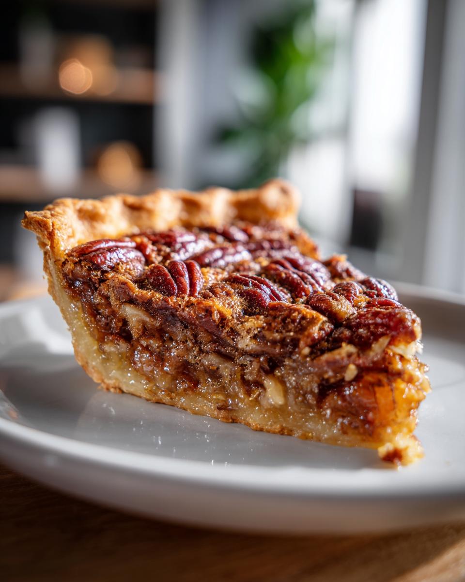 A close-up of a delicious slice of pecan pie on a white plate, showcasing the flaky crust and rich filling.
