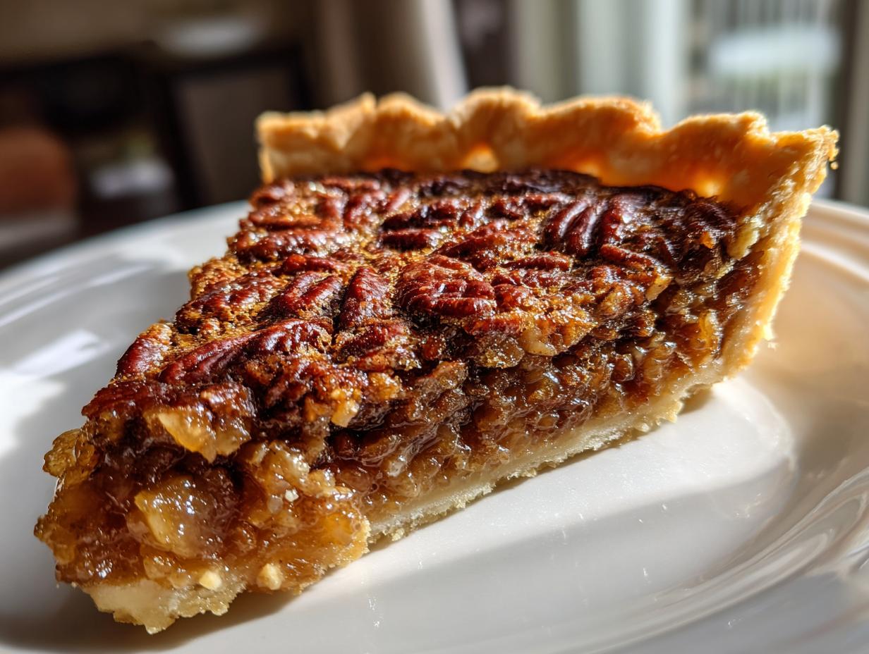 Close-up of a slice of homemade pecan pie on a white plate, showcasing the flaky crust and rich filling.