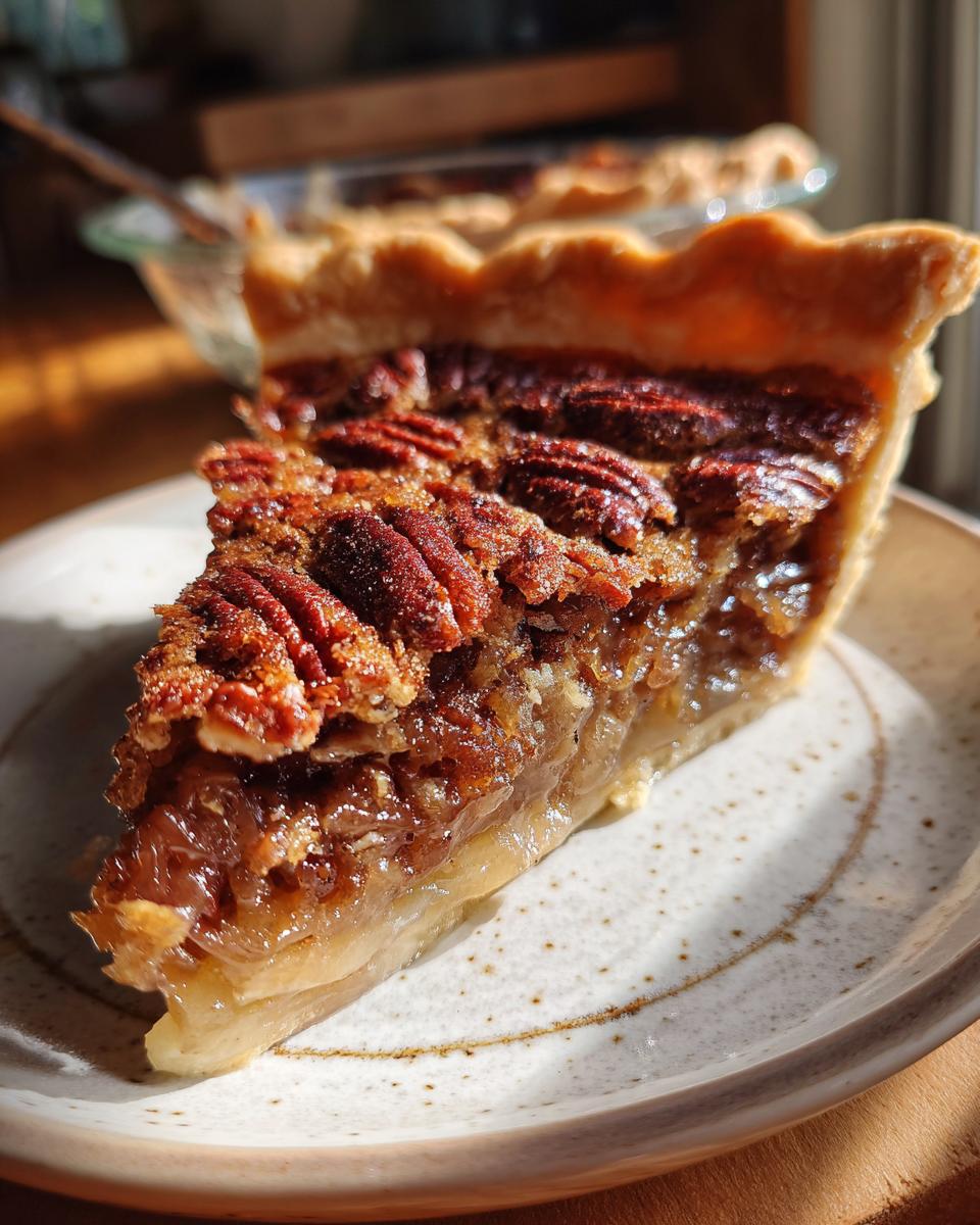 A close-up of a slice of homemade pecan pie on a speckled plate, showing the flaky crust and rich filling topped with pecans.