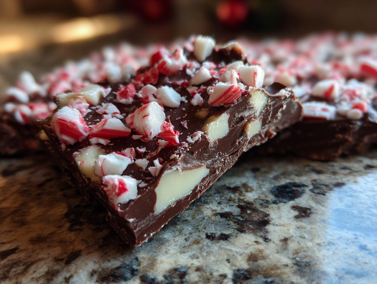 Close-up of a rich chocolate peppermint bark topped with crushed candy canes and white chocolate chips.