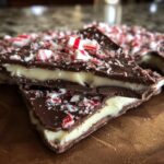 Close-up of two triangular slices of rich peppermint bark, layered with dark chocolate and creamy white filling, topped with crushed candy canes.