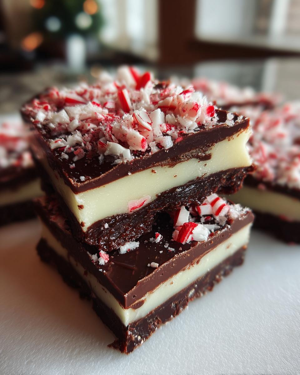 Close-up of stacked peppermint bark slices, showcasing dark chocolate, white layer, and crushed candy canes.