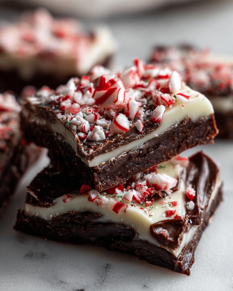 Close-up of rich chocolate squares topped with white chocolate and crushed peppermint candies, a festive peppermint bark treat.