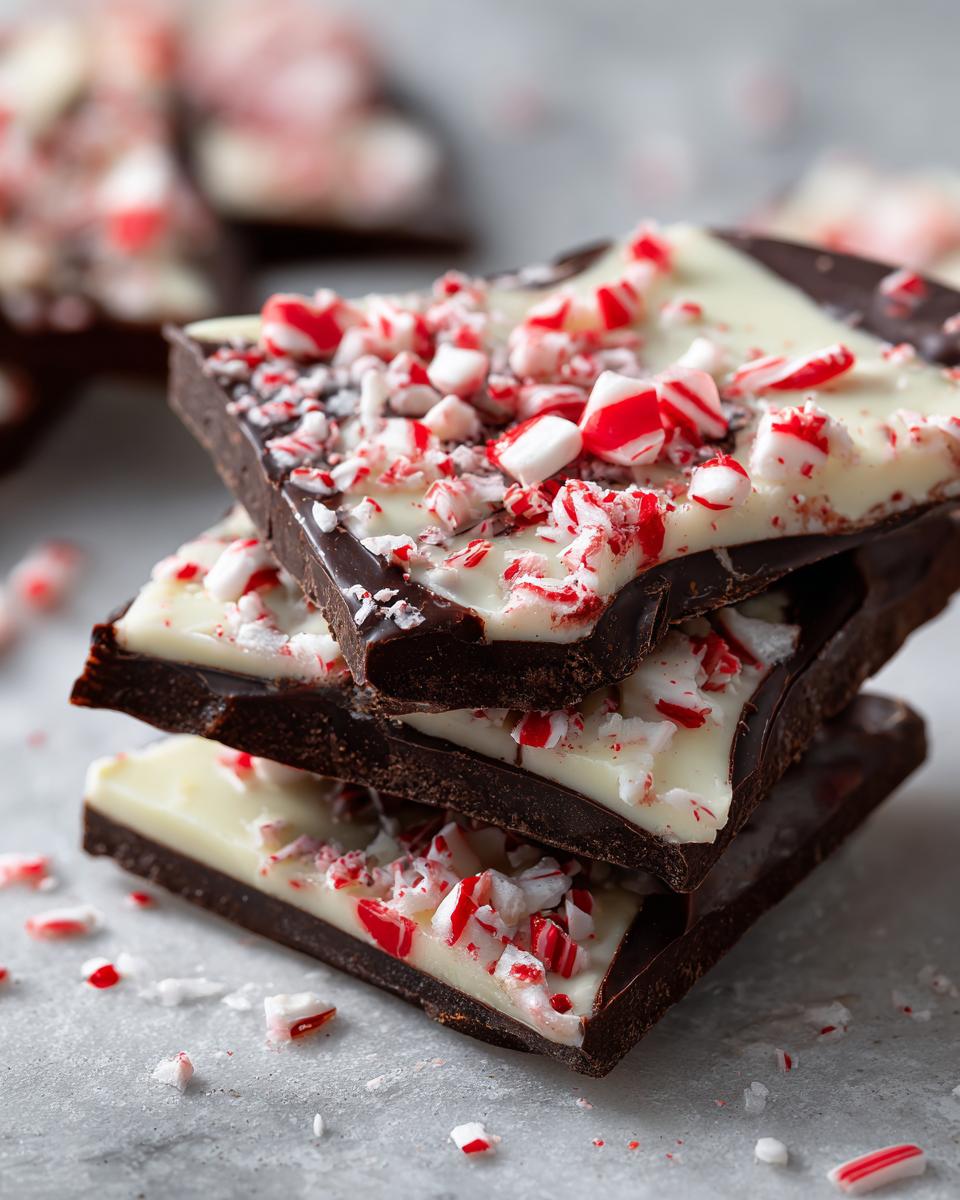 A stack of dark and white chocolate peppermint bark pieces, generously topped with crushed candy canes.