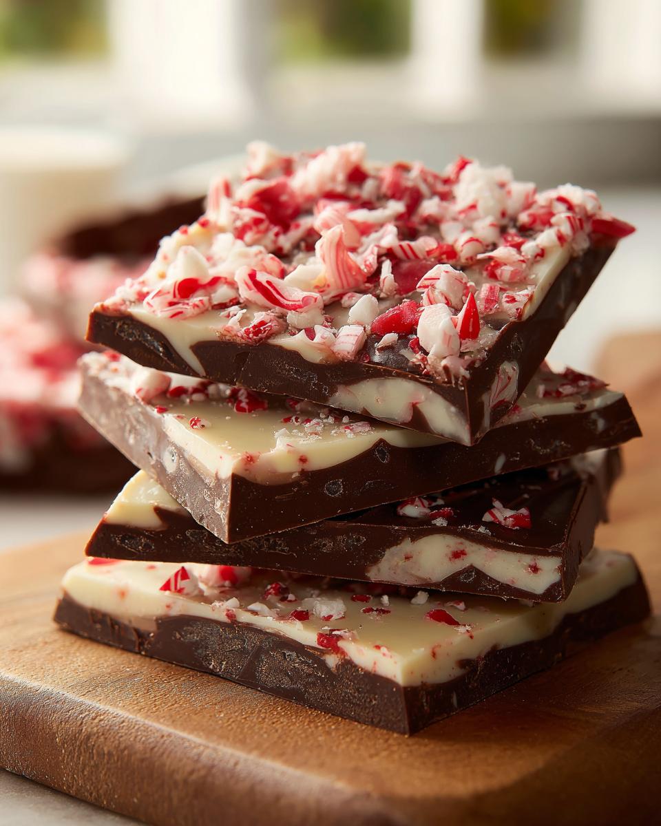 A stack of rich dark and white chocolate peppermint bark, topped with crushed candy canes.