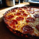 Close-up of a freshly baked Pepperoni Pizza with melted cheese and crispy pepperoni slices.