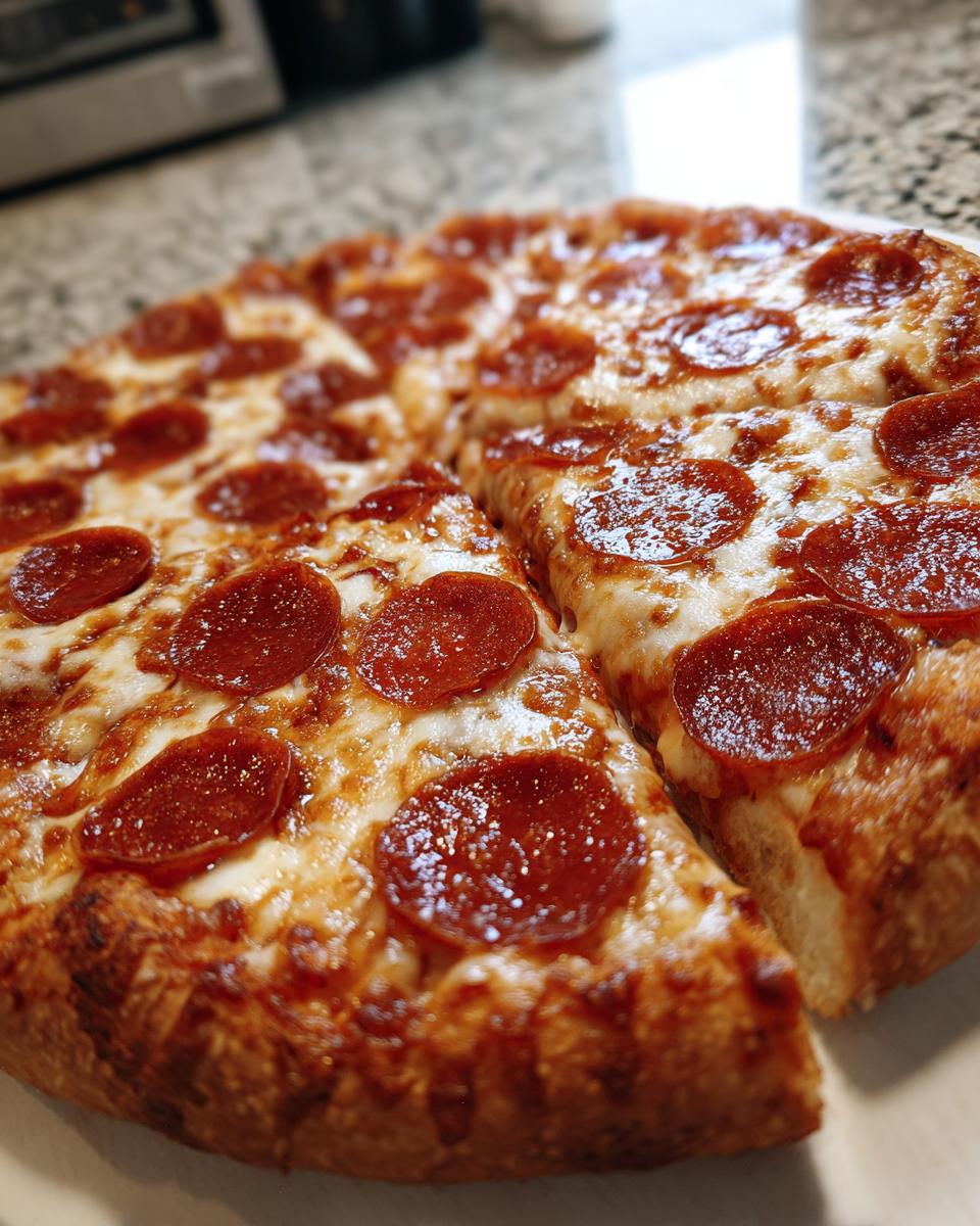 Close-up of a freshly baked Pepperoni Pizza with melted cheese and crispy pepperoni slices.