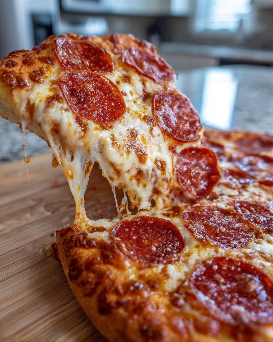 A slice of mouthwatering pepperoni pizza being lifted, with strings of melted cheese stretching.