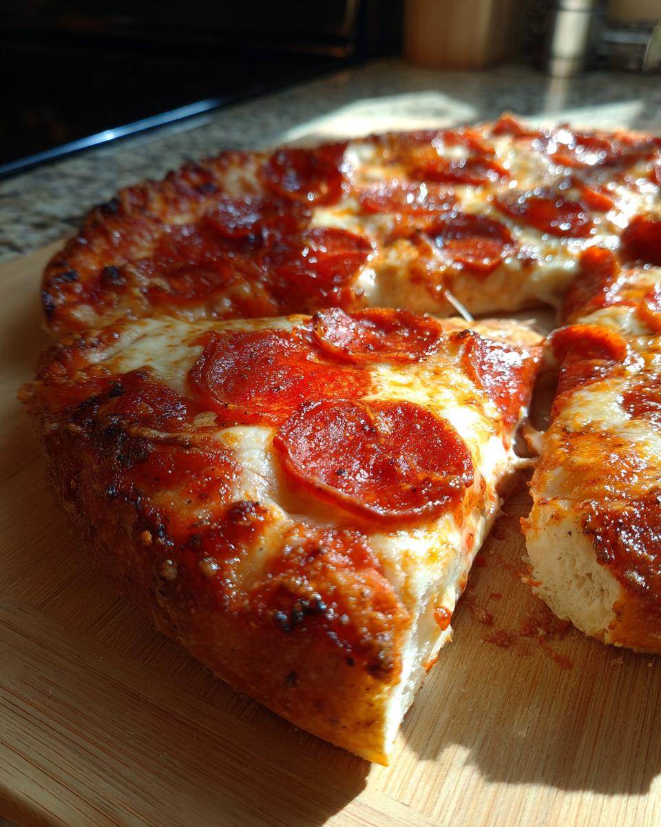 Close-up of a slice of pepperoni pizza with melted cheese and crispy pepperoni on a wooden board.