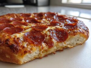 Close-up of a delicious slice of Pepperoni Pizza with melted cheese and crispy pepperoni.