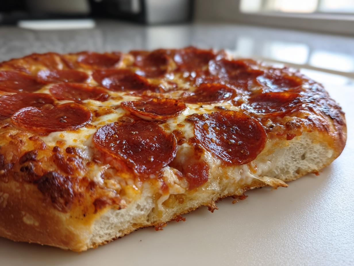 Close-up of a delicious slice of Pepperoni Pizza with melted cheese and crispy pepperoni.