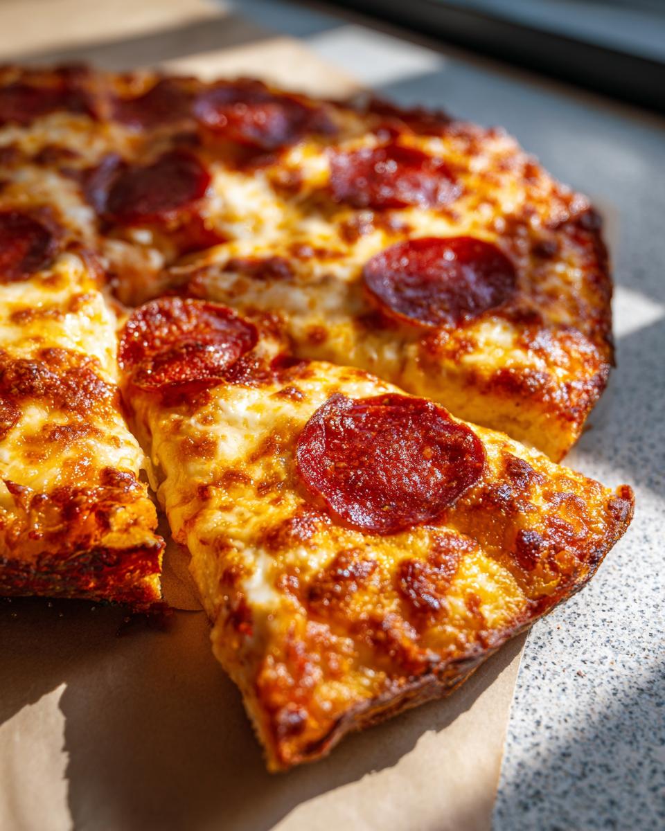 Close-up of a slice of delicious pepperoni pizza with melted cheese and crispy crust.