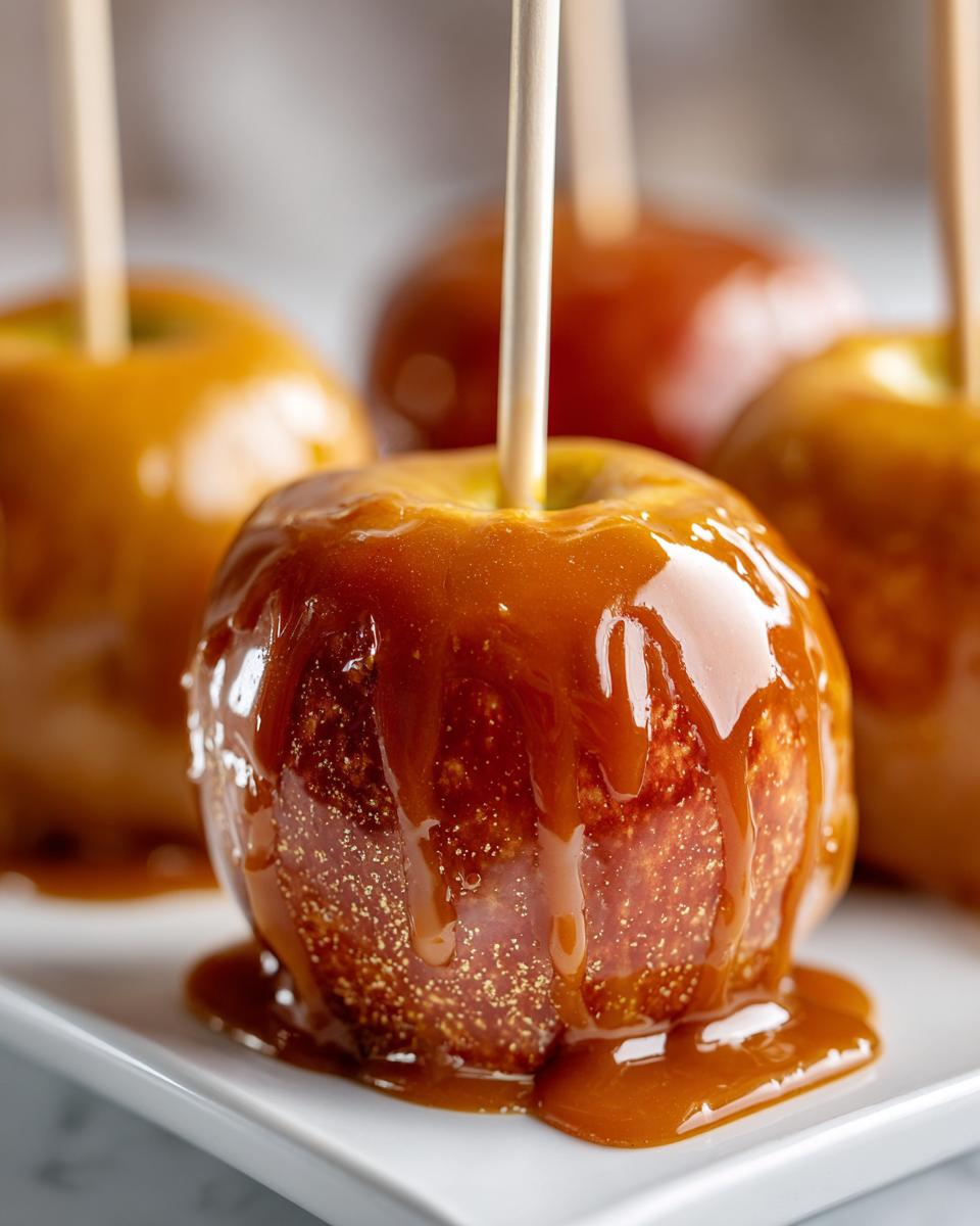 Close-up of a perfect caramel apple on a stick, dripping with glossy caramel sauce.